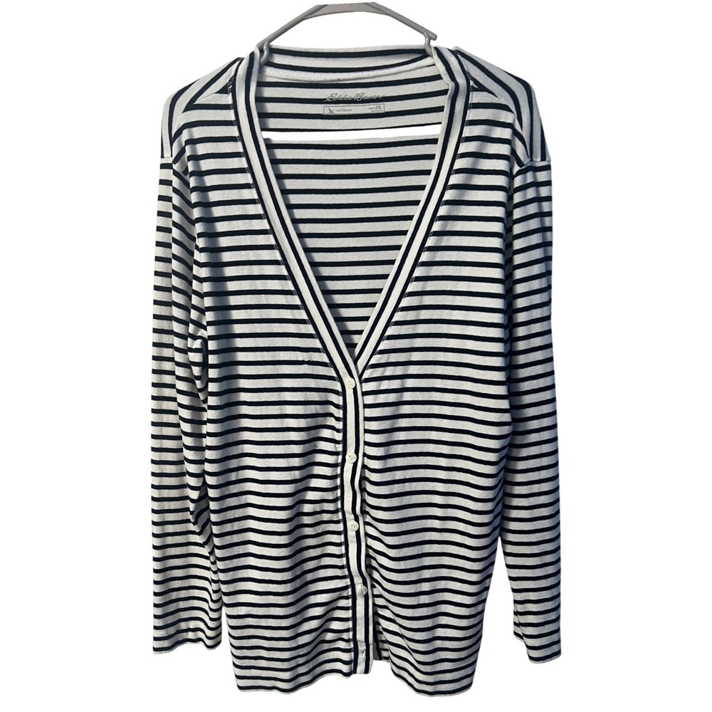 Eddie Bauer Women's 2XL Black White Striped V Neck Button Front Cardigan Cotton
